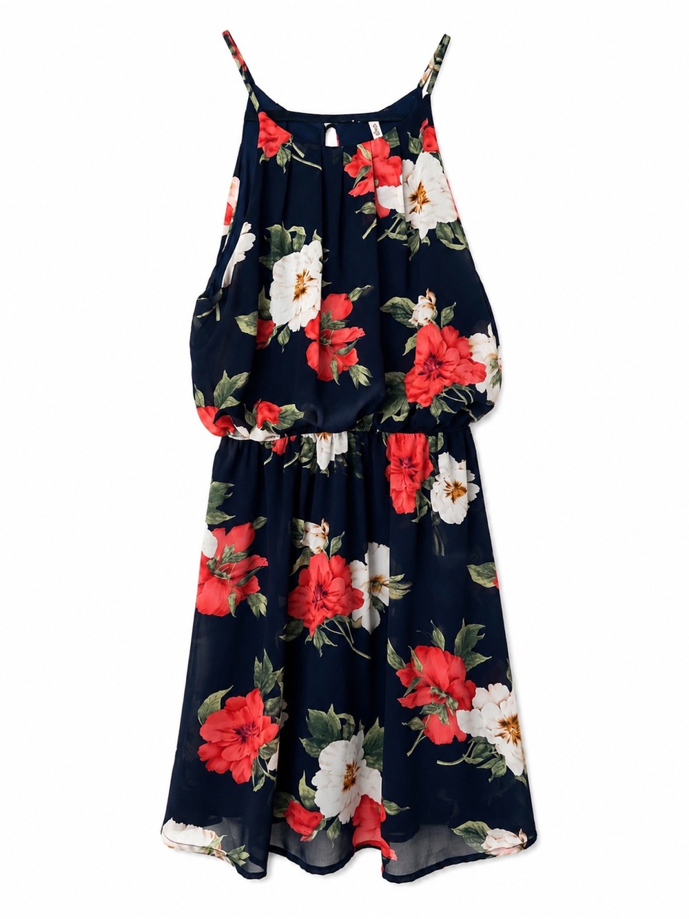 DNA Couture Floral Chiffon Dress Navy Blue Sleeveless Blouson Size Large